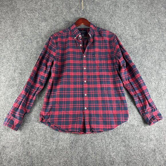 American Eagle Outfitters Shirt Mens Medium Classic Fit Red Blue Cotton Plaid - Picture 1 of 8